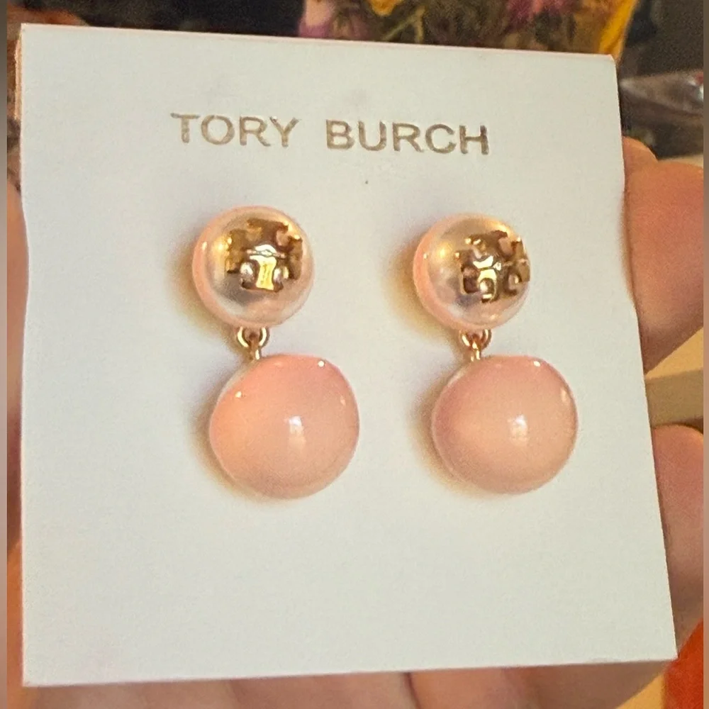 Tory Burch Soft Pink and Gold Double Sphere Earrings - Picture 4 of 6